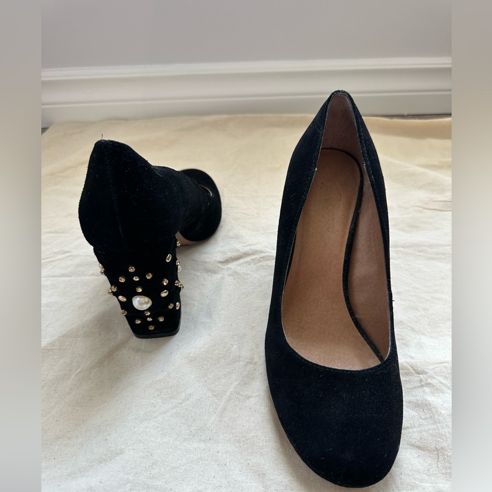 Black Velvet Pumps with Pearl & Gem Embellished - Picture 6 of 10